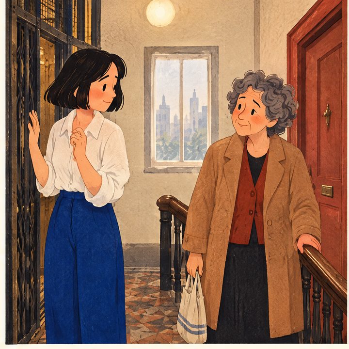 The Landing, episode 4, panel 3 of 6: Mina and Celia on their shared apartment landing.