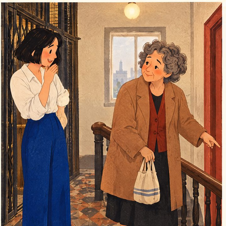 The Landing, episode 4, panel 4 of 6: Mina and Celia on their shared apartment landing.