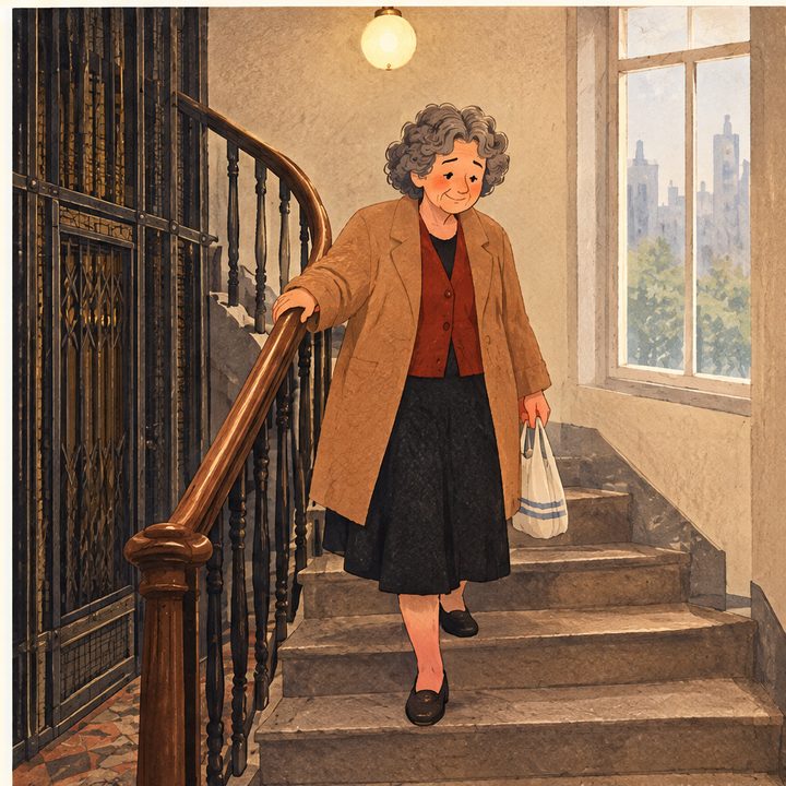 The Landing, episode 4, panel 6 of 6: Mina and Celia on their shared apartment landing.
