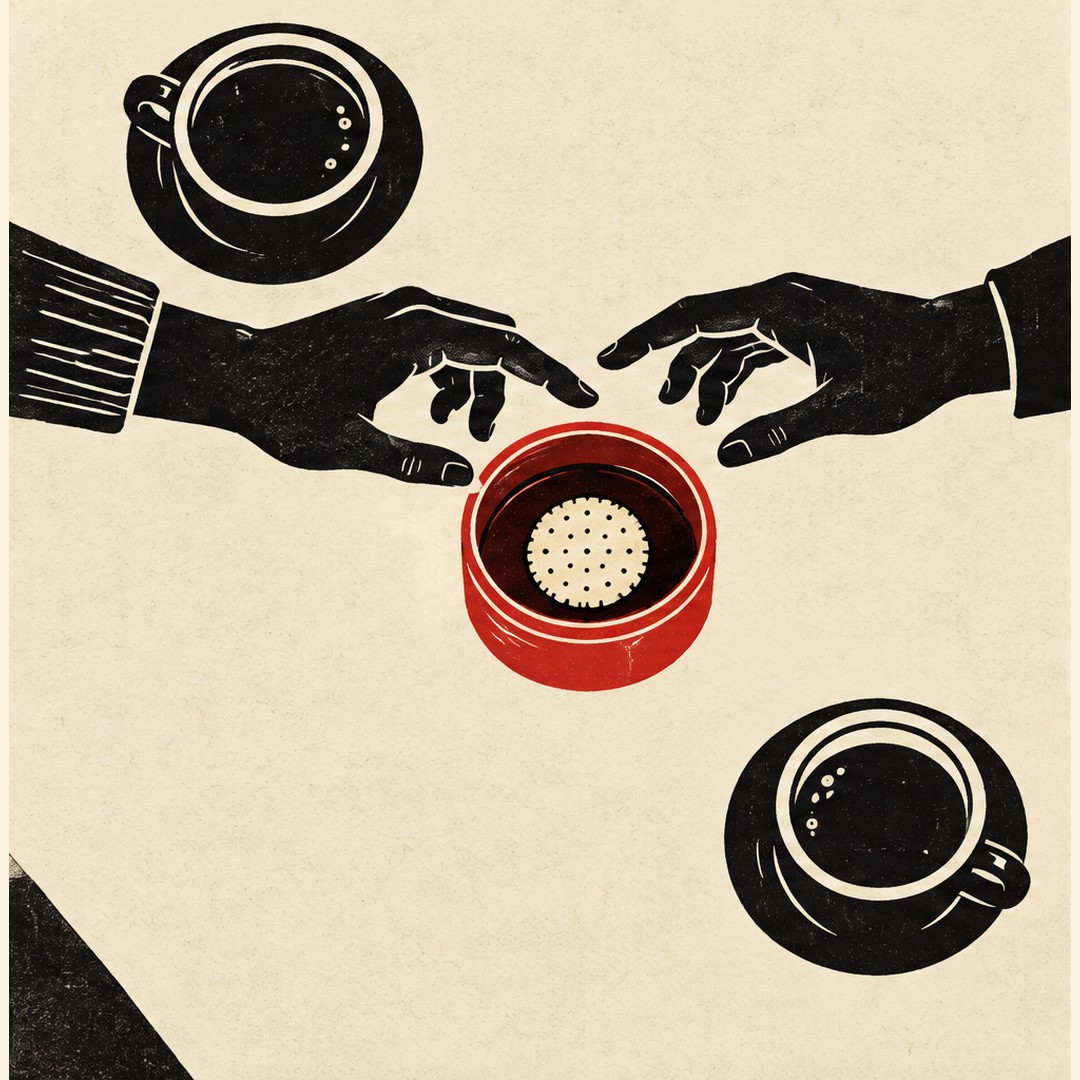 Seen from above in flat black on cream paper: an open vermilion biscuit tin, the only coloured thing, holds one round biscuit. Two hands reach for it from opposite sides of the table at the same moment and almost touch. Two cups of tea sit nearby.