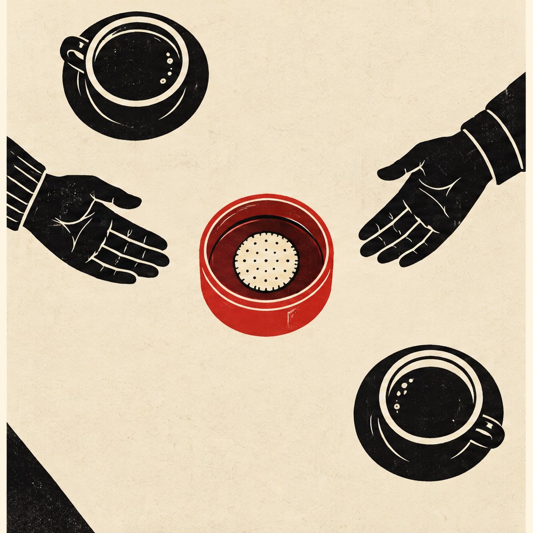 The same table from above. Both hands have pulled back to their own sides, palms open toward the tin in an after-you gesture. The single biscuit is still in the vermilion tin.