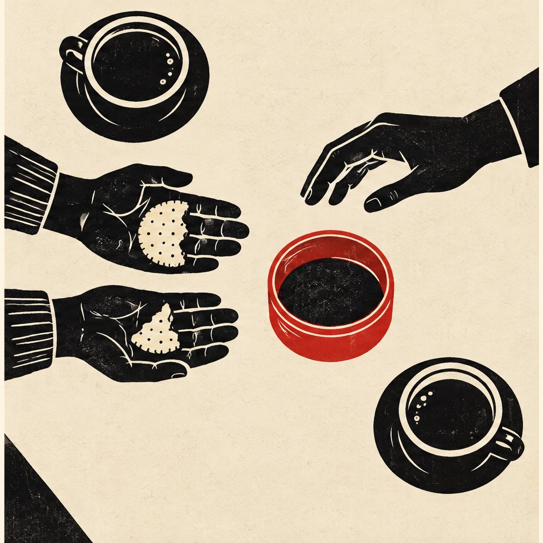 The same table from above. One person holds out both hands, palms up, with one half of the broken biscuit on each: one half clearly bigger than the other. The other person's hand hovers above, undecided. The vermilion tin is empty.