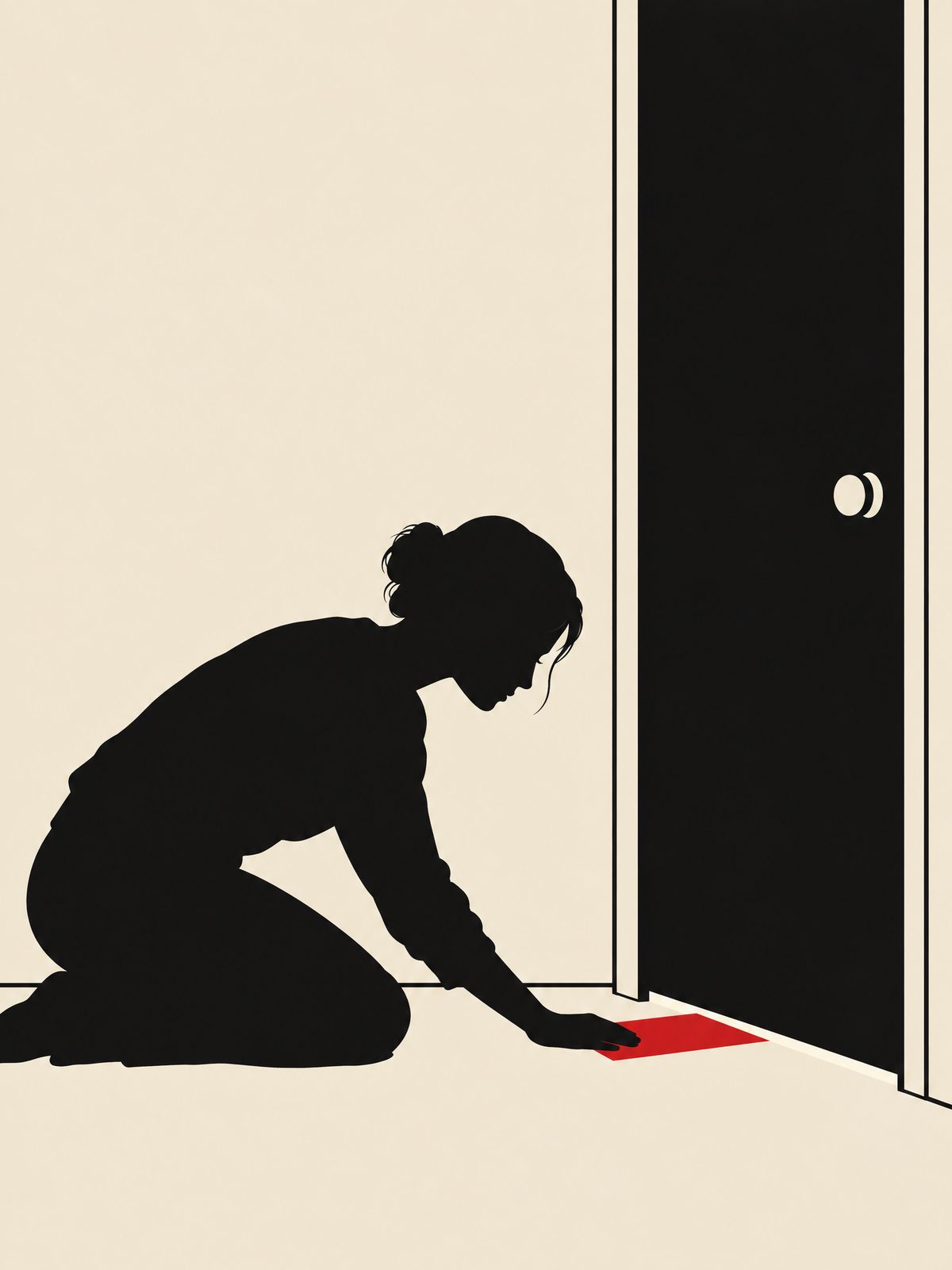 Flat black shapes on cream paper. A woman kneels beside a closed front door, head bowed, and with her flat hand pushes a vermilion envelope, the only coloured thing in the picture, into the thin gap under the door. A pale strip of light runs along its base.