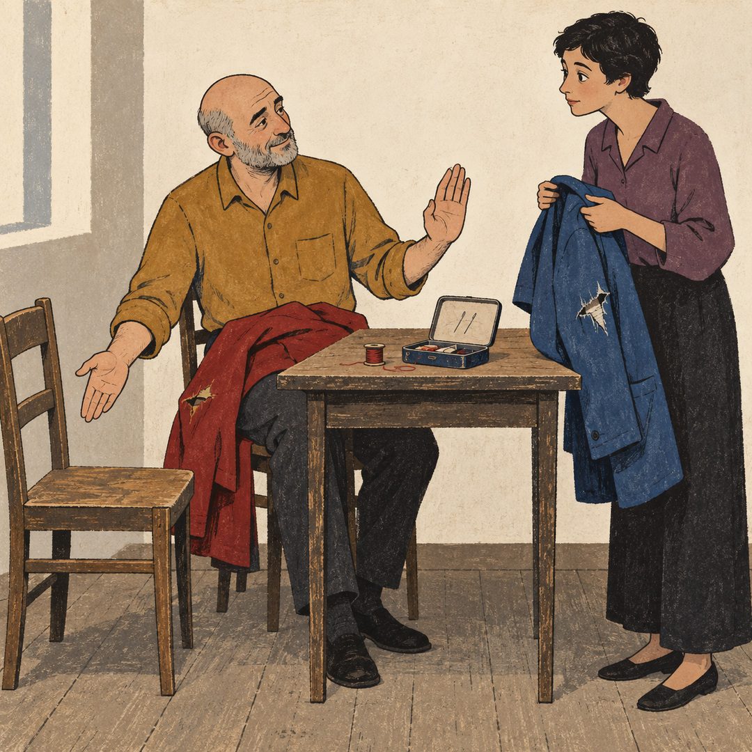 A bald, grey-bearded man in an ochre shirt sits with a torn red coat on his lap. He raises one palm toward a younger woman holding a torn blue coat. His other open hand indicates an empty wooden chair. An open sewing tin, two needles and red thread sit on the table between them.