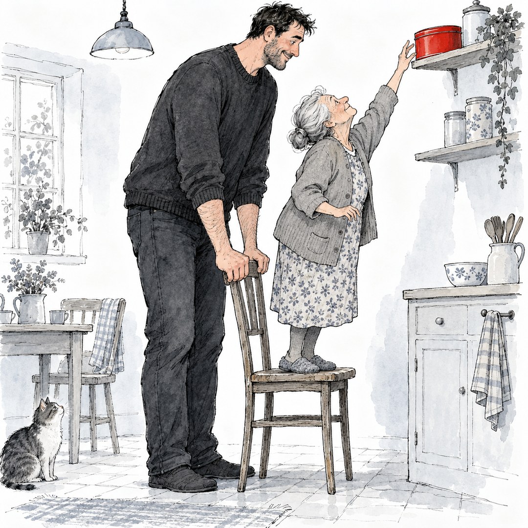 Pen and pale wash on white paper. An elderly woman with a grey bun stands on an old kitchen chair, reaching for a vermilion tin on the top shelf, the only red thing. Her grown son is drawn enormously tall: his head is level with the tin, he could take it in a second, but he bends down and holds the chair steady instead, smiling at her.