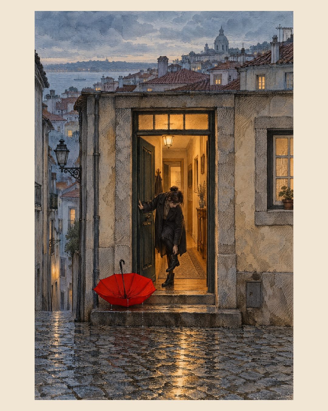 The Umbrella on the Step: on a rainy evening on a steep cobbled street above a harbour city, a woman in a dark coat stands in a lit doorway pulling off a boot. A red umbrella is left open to dry on the wet doorstep beside her.