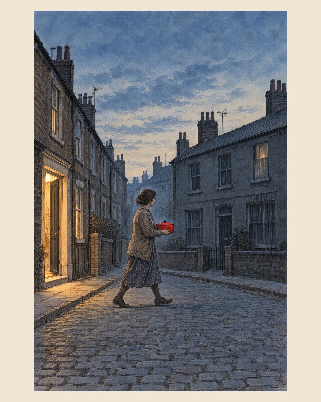 Soup, Uninvited: at dusk, a woman in a cardigan and long skirt crosses a cobbled street of brick terraced houses, carrying a red lidded pot in both hands, away from a lit open doorway.