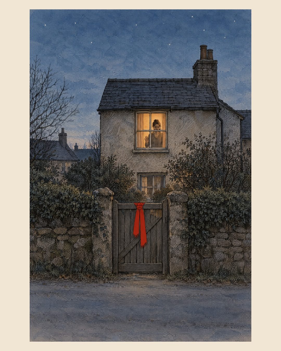 The Scarf on the Gate: at night, a red scarf hangs tied to the wooden gate of a stone cottage. In the lit upstairs window above, a woman raises her hand to the glass.