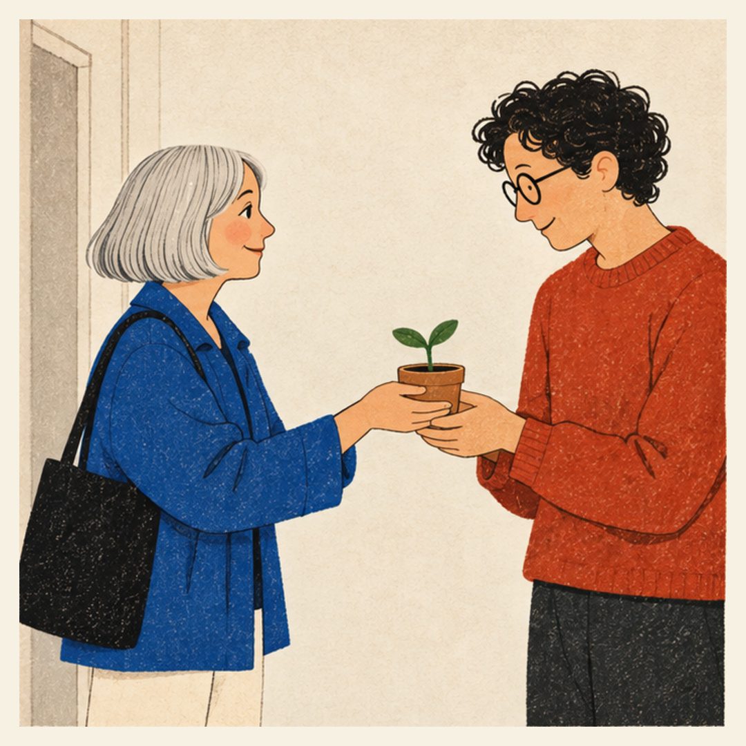 A silver-haired woman in a blue jacket offers a tiny two-leaf plant in a terracotta pot to a man in glasses and a red sweater. Their hands meet around the pot in a pale hallway.