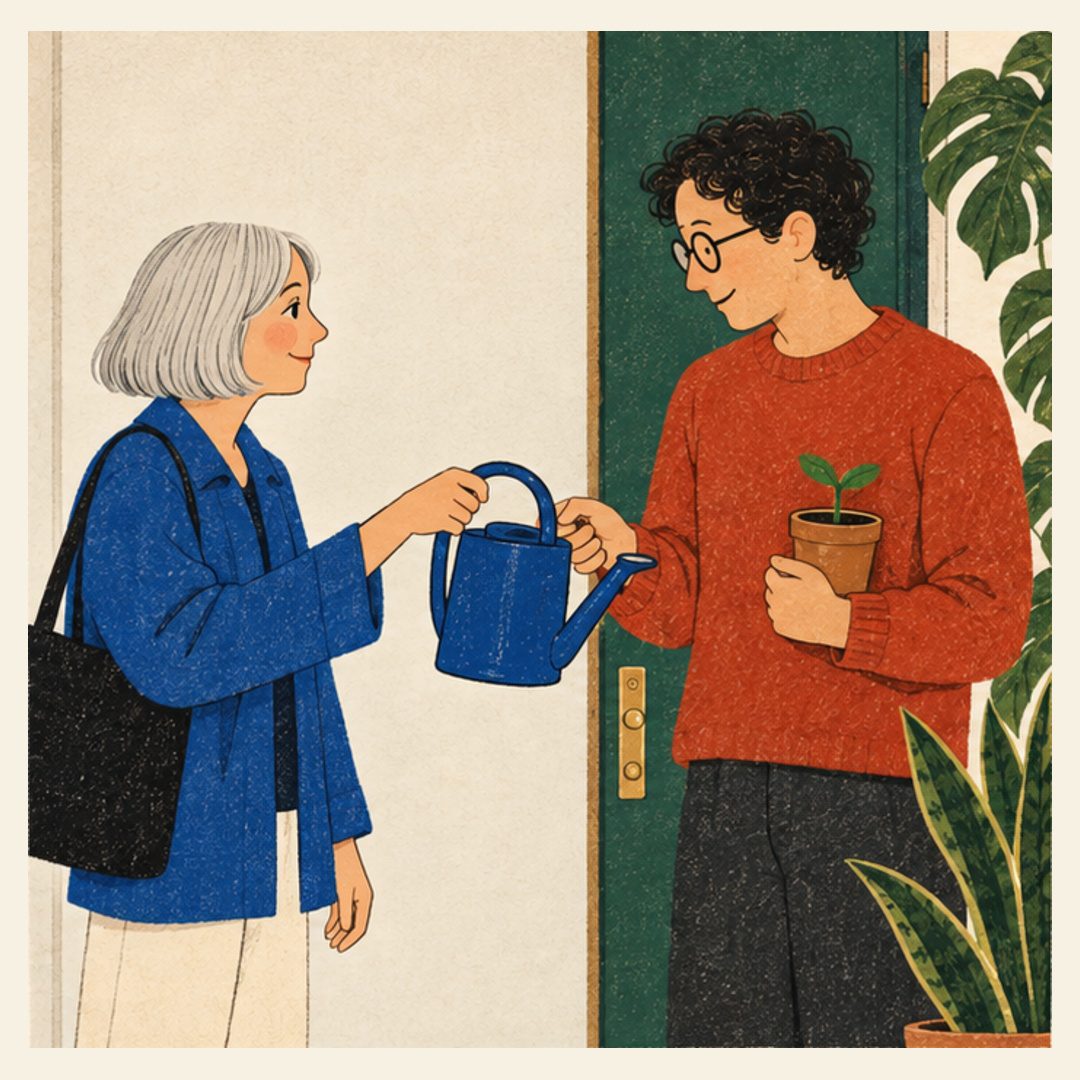 The same woman passes a blue watering can to the man, who holds the tiny gift plant against his chest with his other arm. Large leaves appear beside an open green door.