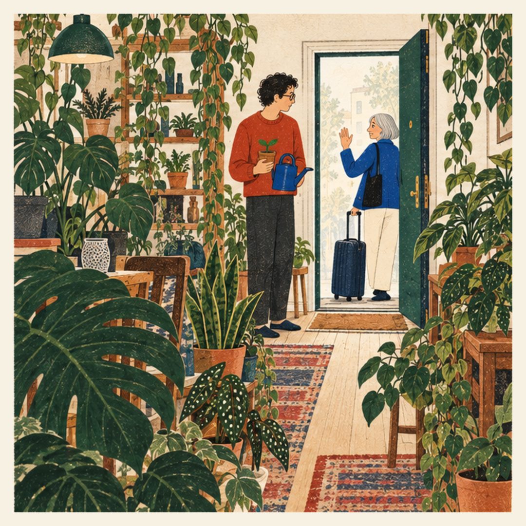 The view pulls far back into a room densely filled with potted plants. The man stands inside holding the tiny plant and watering can. The woman waves from the doorway while pulling a suitcase. A narrow clear path runs through the plants.